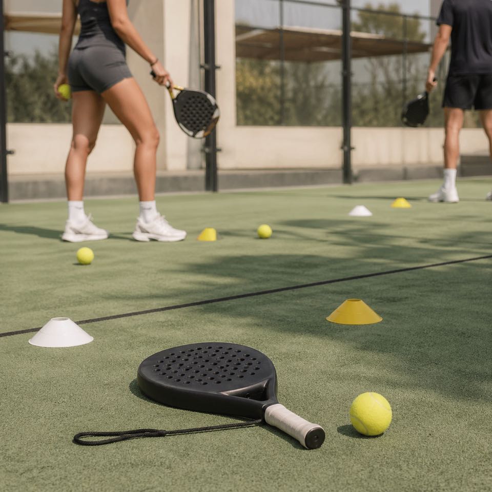 Тренировочные конусы и мячи на падел-корте